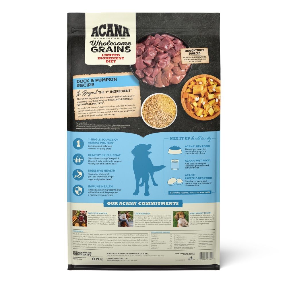 Acana Wholesome Grains, Duck & Pumpkin Recipe, Limited Ingredient Diet Dog Food, 4-Lb