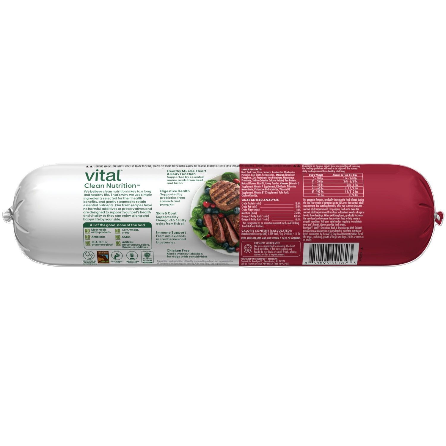 Freshpet Vital Grain Free Beef & Bison Recipe with Spinach, Cranberries, Blueberries Dog Food, 5-Lb