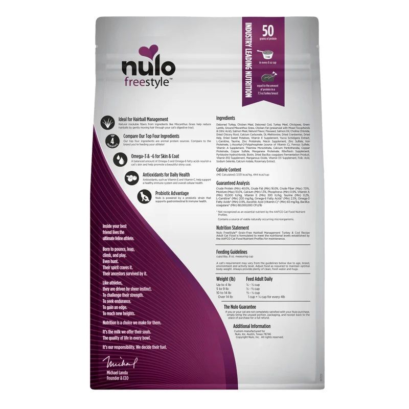 Nulo FreeStyle High-Protein Kibble Hairball Management Turkey & Cod Cat Food, 12-Lb 