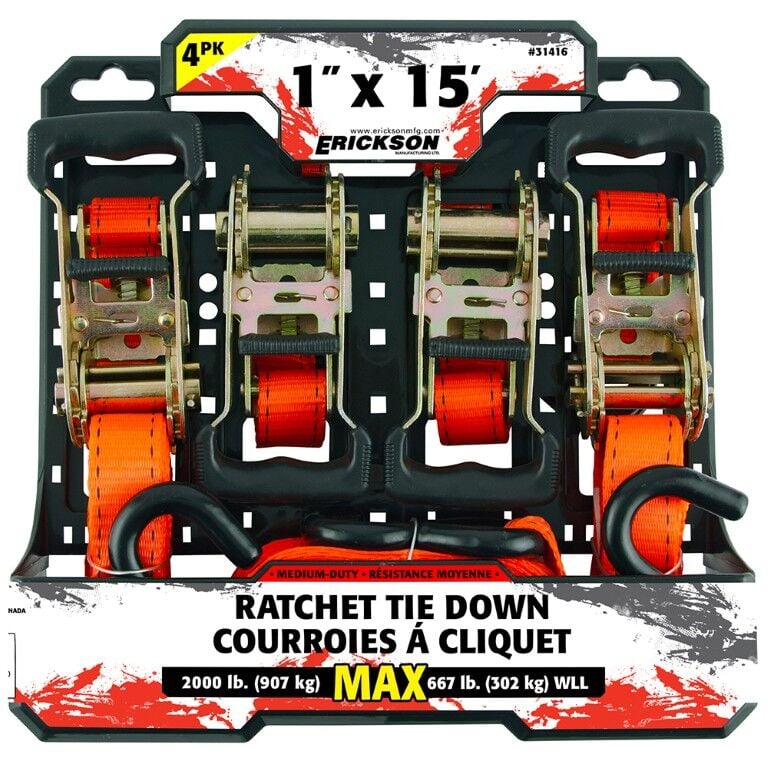 Erickson Ratcheting Tie-Downs, 2000 lbs., Orange, 1 in. x 15 ft., 4 pack