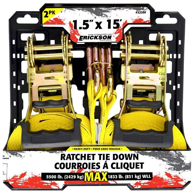 Erickson Ratcheting Tie-Downs with J-Hooks, 5500 lbs., Yellow, 1 1/2 in. x 15 ft.
