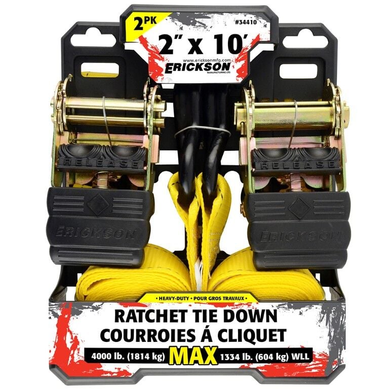 Erickson Ratcheting Tie-Downs with Double J-Hooks, 4000 lbs., Yellow, 2 in. x 10 ft., 2 pack