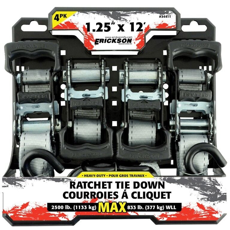 Erickson Ratcheting Tie-Downs, 2500 lbs., Grey, 1 1/4 in. x 12 ft., 4 pack