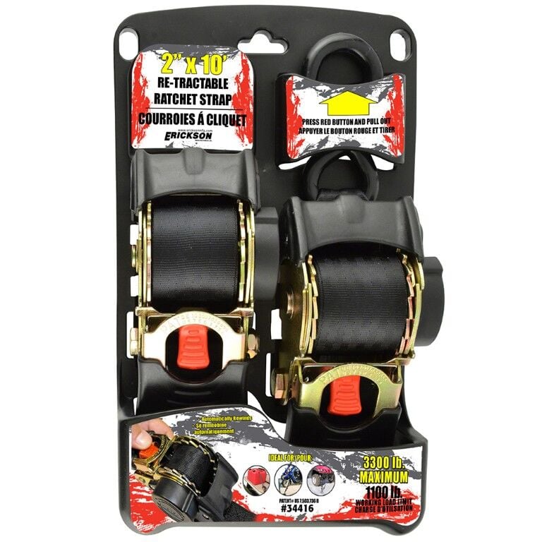 Erickson Re-Tractable Ratchet Straps, 3300 lbs., Black, 2 in. x 10 ft., 2 pack