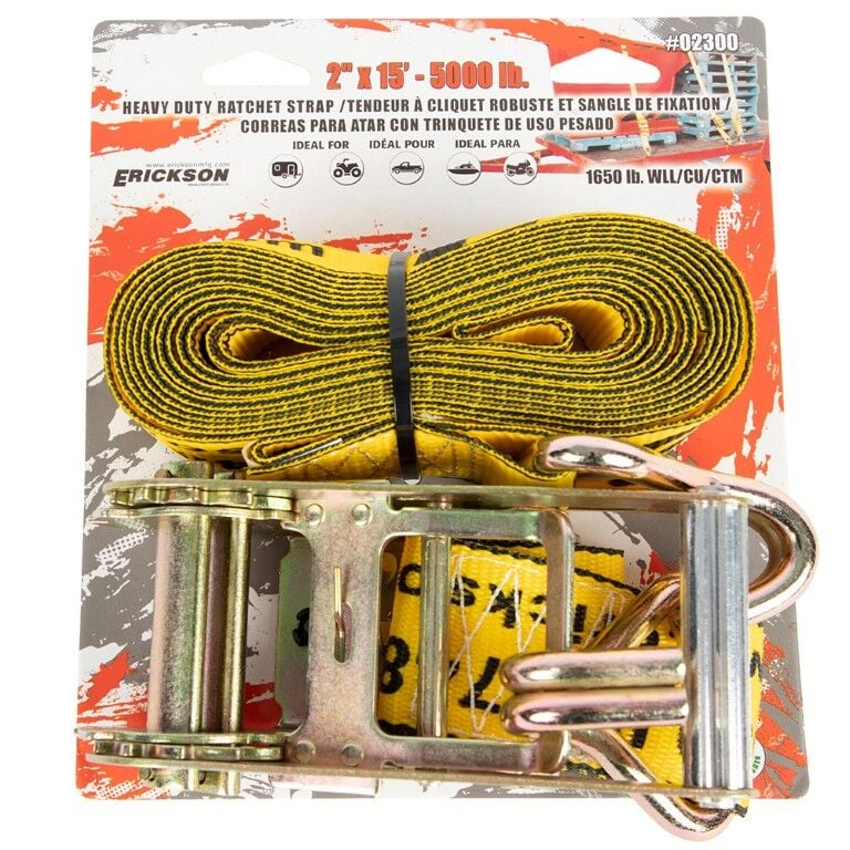 Erickson Ratchet Strap with Double J-Hooks, 5000 lbs., Yellow, 2 in. x 15 ft.