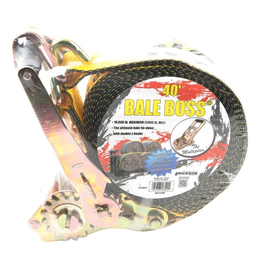 Erickson Bale Boss with Multipler Ratchet & Double J-Hooks, 10,000 lbs., Yellow, 2 in. x 40 ft.