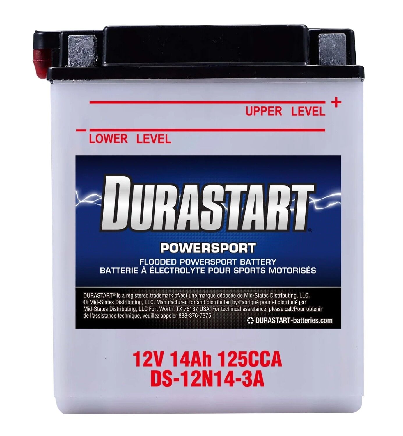 Durastart Flooded Powersport Battery 12N14-3A, 12V, 14Ah, 125 CCA