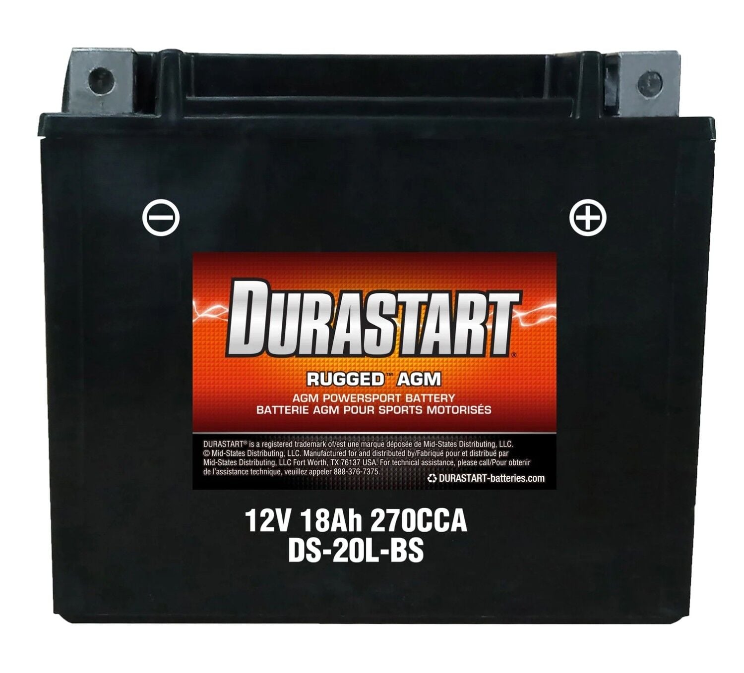 Durastart Rugged AGM Powersport Battery 20L-BS, 12V, 18Ah, 270 CCA