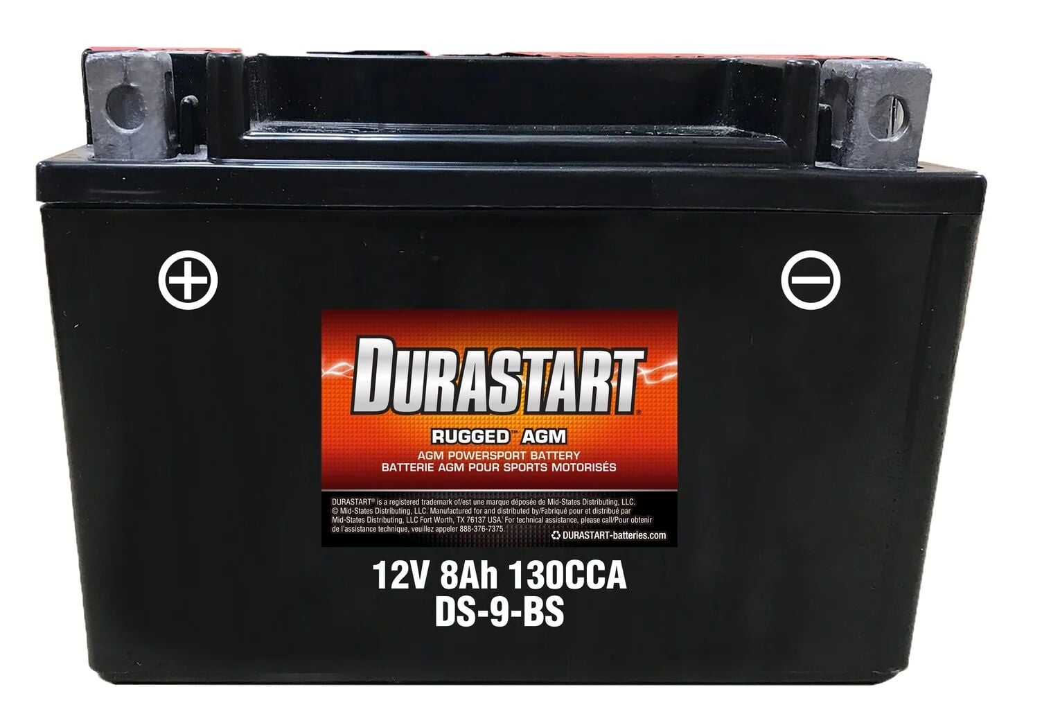 Durastart Rugged AGM Powersport Battery, 9-BS, 12V, 8Ah, 130 CCA