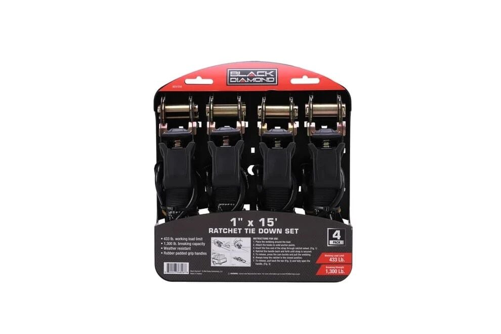 Black Diamond Ratchet Tie Down Set, 433 lbs., 1 in. x 15 ft., 4 pack