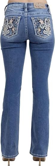 Miss Me Women's Spring Floral Fleur De Lis Embellished Pockets Mid-Rise Bootcut Jeans
