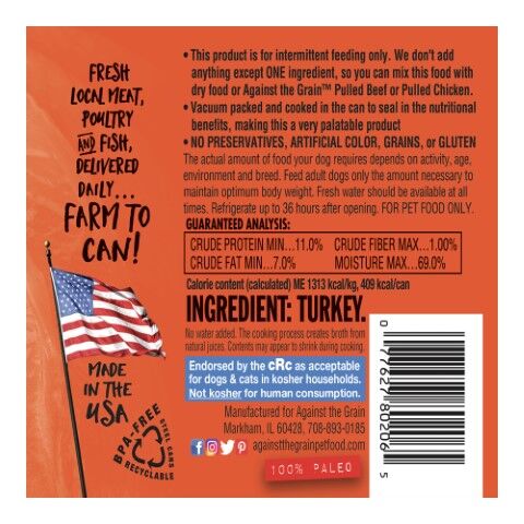 Against The Grain Nothing Else Turkey Dog Food, 11-Oz
