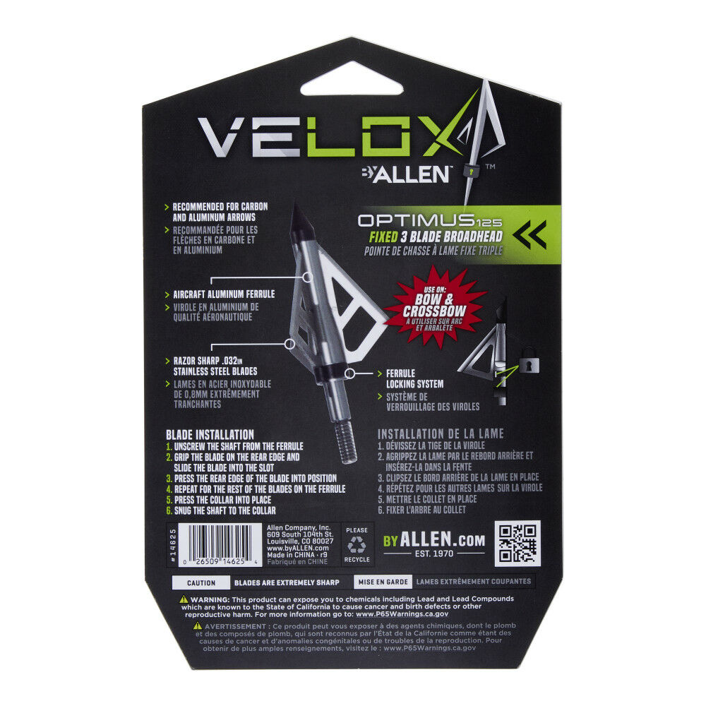 Allen Velox Optimus 3-Blade Broadheads, 125-Grain, 3-Pk