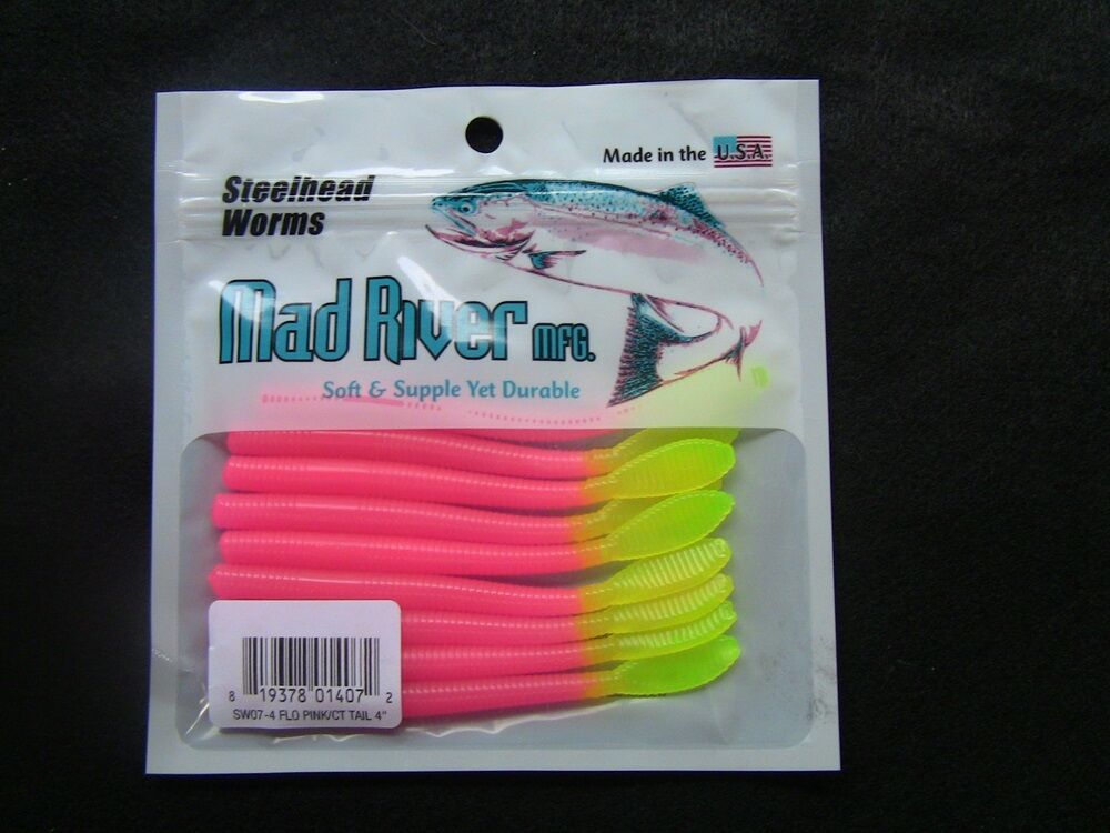 Mad River Steelhead Worms Florescent Pink With Char Tail Bait, 4-In, 9-Pk