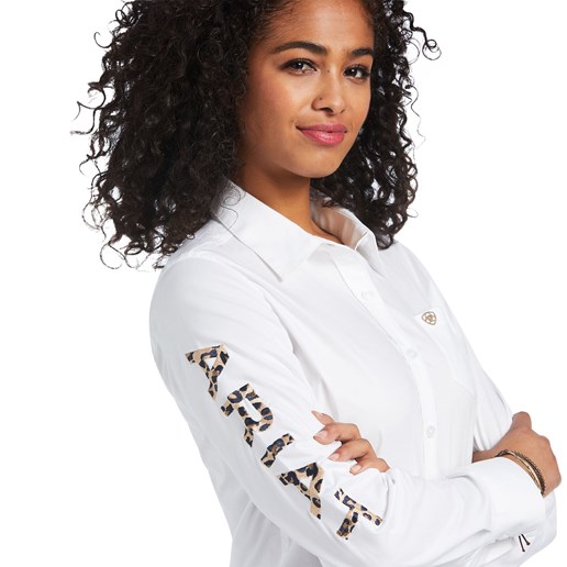 Ariat Women's Team Kirby Stretch Shirt in White W/ Leopard Logo