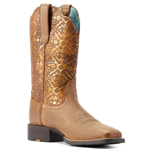 Women's Round Up Wide Square Toe Western Boot in Bare Brown/Copper Aztec
