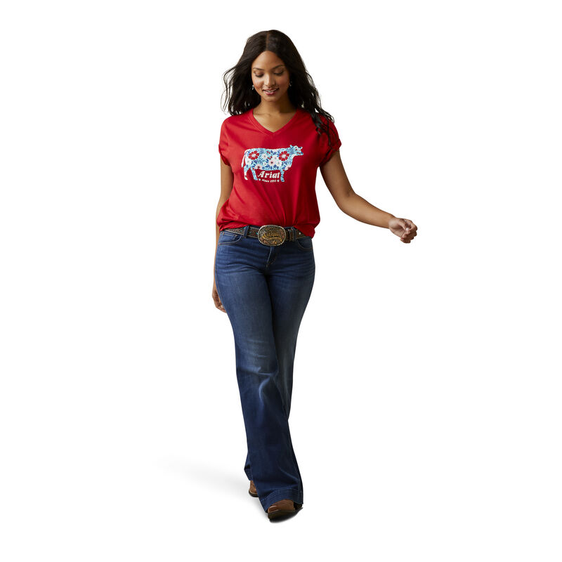Women's Flower Cow T-Shirt in Red