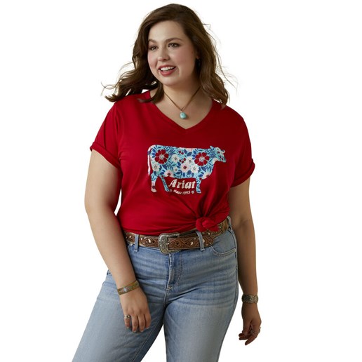 Women's Flower Cow T-Shirt in Red