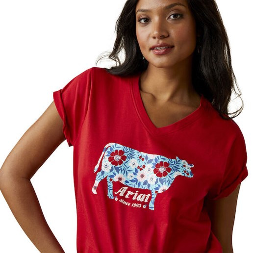 Women's Flower Cow T-Shirt in Red