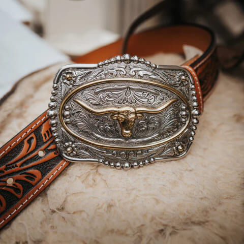 AndWest Men's 1 1/2-In Veg Tooled With Longhorn Buckle Belt in Brown