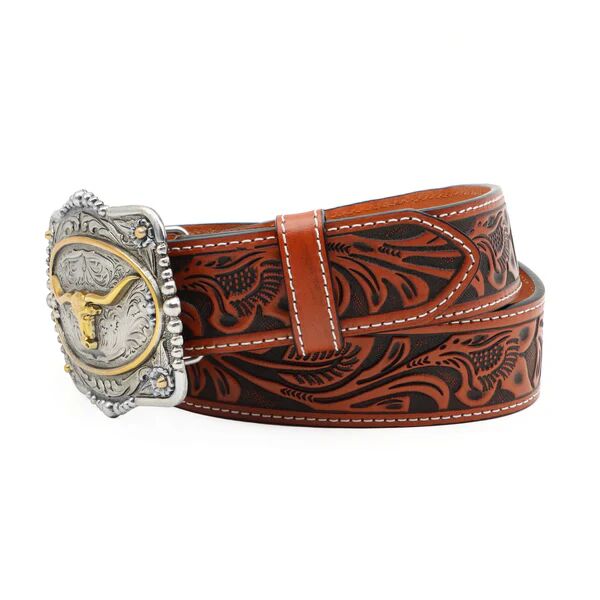 AndWest Men's 1 1/2-In Veg Tooled With Longhorn Buckle Belt in Brown