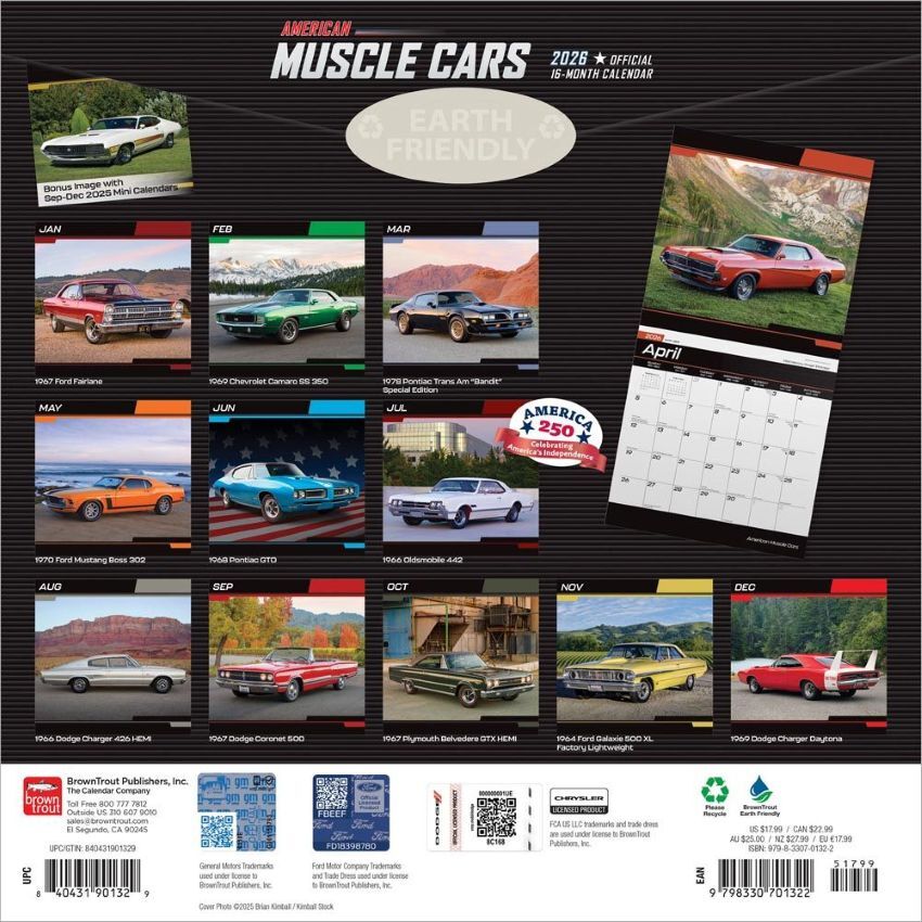 Brown Trout Publisher 2026 American Muscle Cars Monthly Square Wall Calendar, 12-In x 24-In