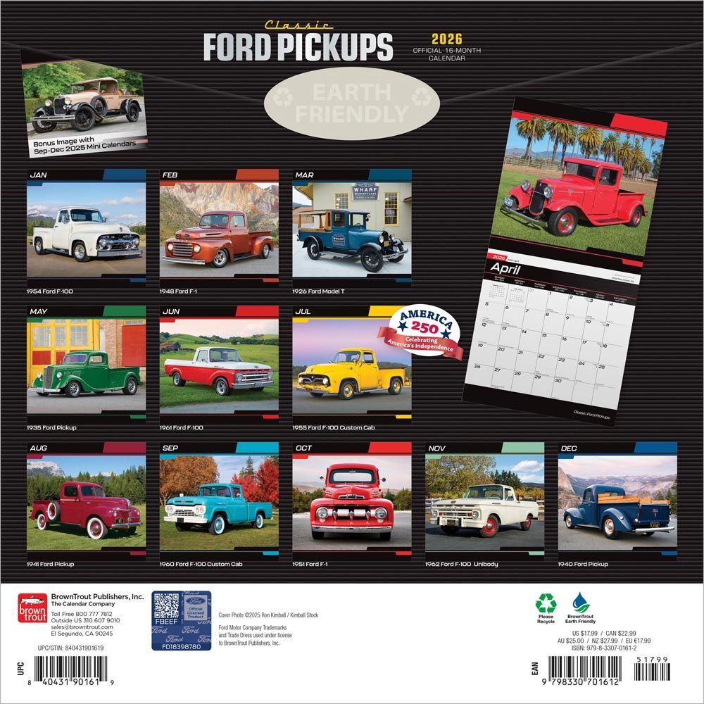 Brown Trout Publisher 2026 Classic Ford Pickups Monthly Square Wall Calendar, 12-In x 24-In