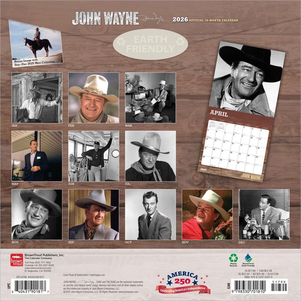 Brown Trout Publisher 2026 John Wayne Monthly Square Wall Calendar, 12-In x 24-In