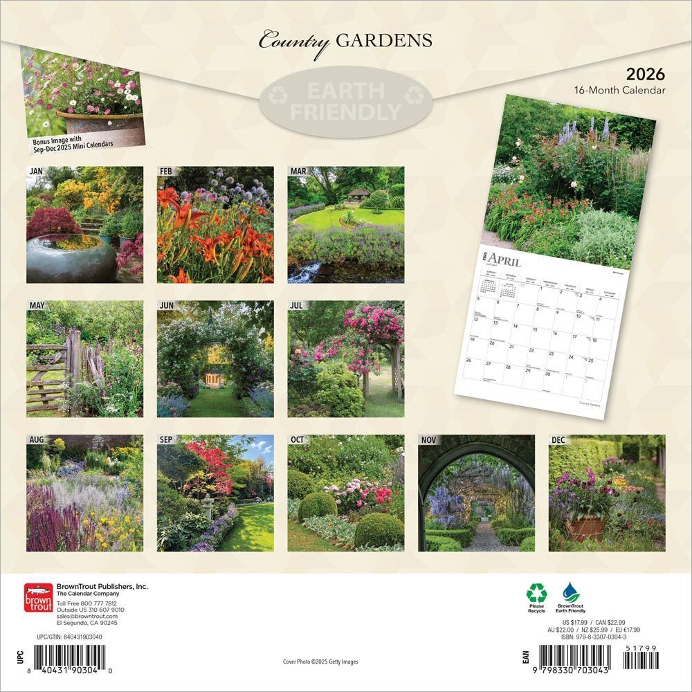 Brown Trout Publisher 2026 Country Gardens Monthly Square Wall Calendar, 12-In x 24-In