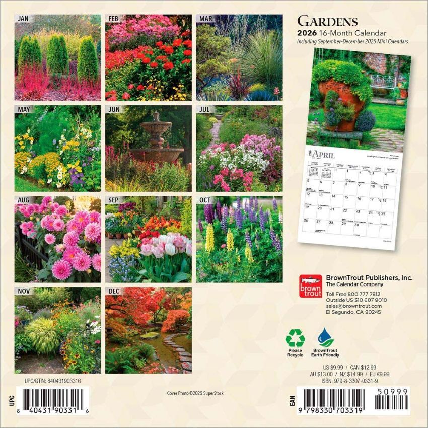 Brown Trout Publisher 2026 Gardens Monthly Mini Wall Calendar, 7-In x 14-In