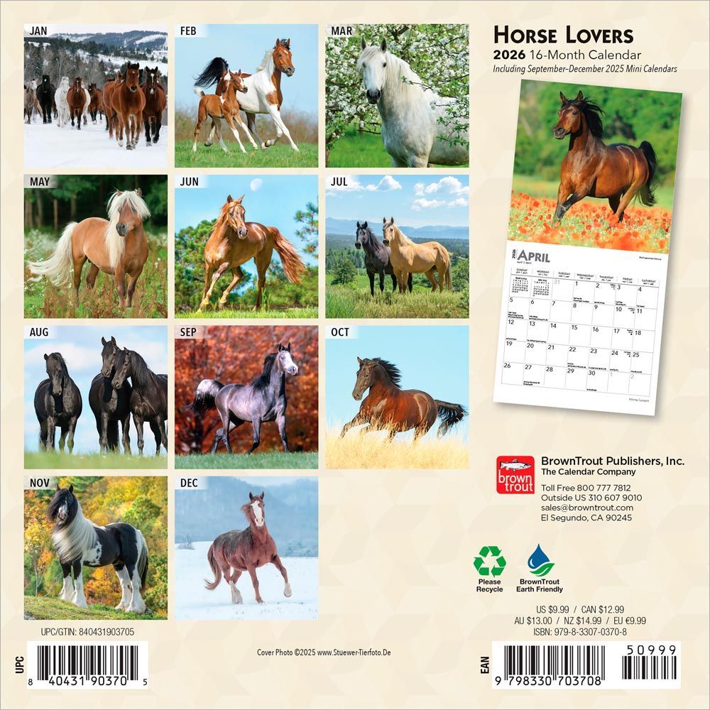 Brown Trout Publisher 2026 Horse Lover Monthly Mini Wall Calendar, 7-In x 14-In