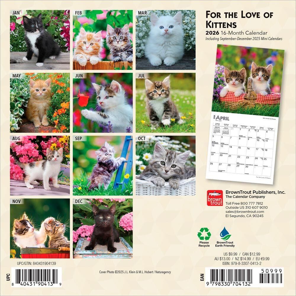 Brown Trout Publisher 2026 For the Love of Kittens Monthly Mini Wall Calendar, 7-In x 14-In