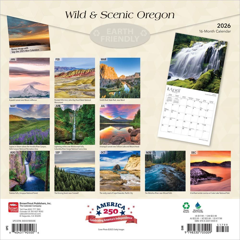 Brown Trout Publisher 2026 Oregon Wild & Scenic Monthly Square Wall Calendar, 12-In x 24-In