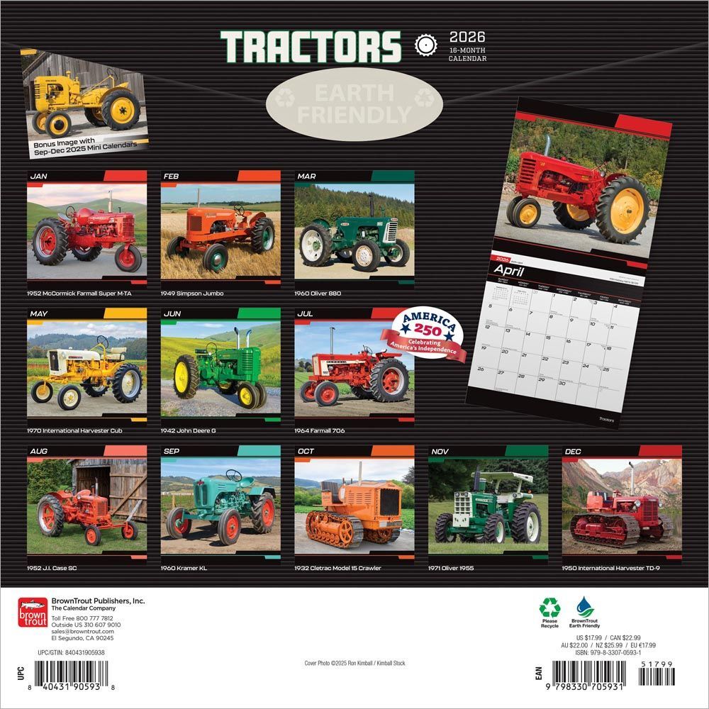 Brown Trout Publisher 2026 Tractors Monthly Squar Wall Calendar, 12-In x 24-In