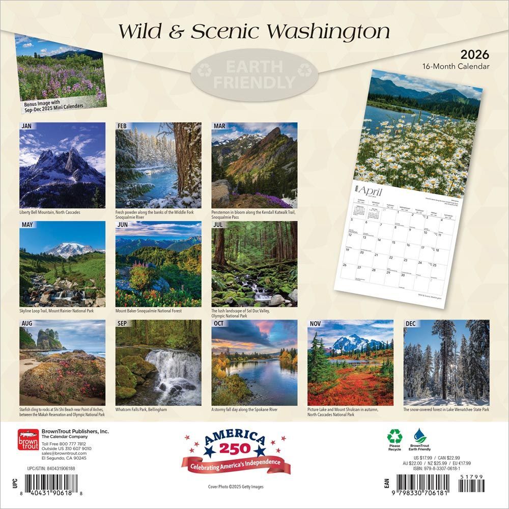 Brown Trout Publisher 2026 Washington Wild & Scenic Monthly Square Wall Calendar, 12-In x 24-In