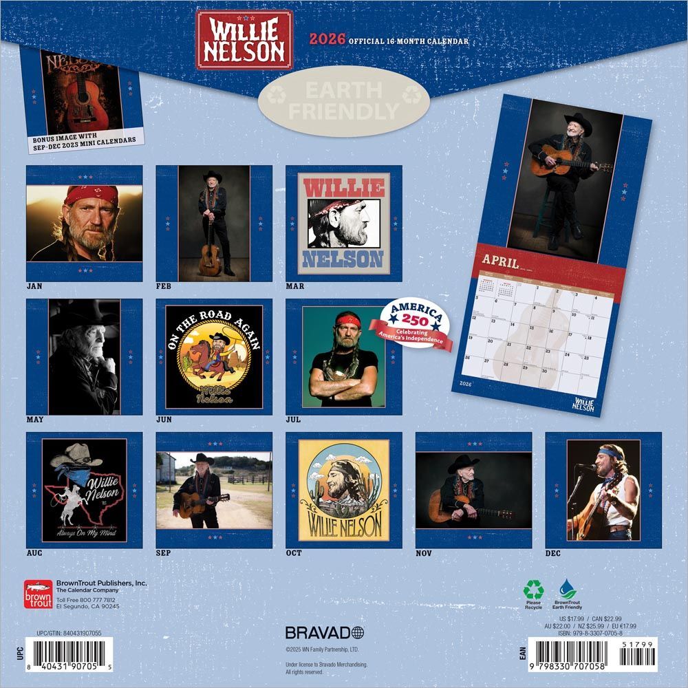 Brown Trout Publisher 2026 Willie Nelson Monthly Square Wall Calendar, 12-In x 24-In