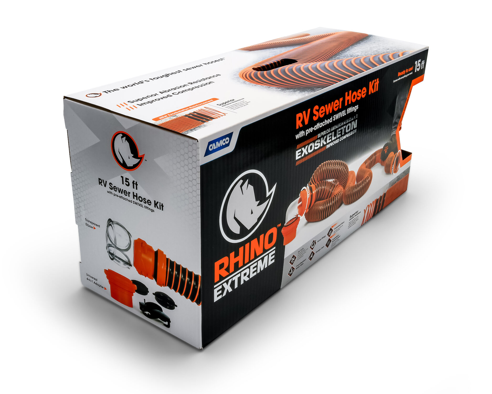 RhinoEXTREME 15-Ft Sewer Hose Kit w/SwivelFit,4N1,E-Lbow,Caps