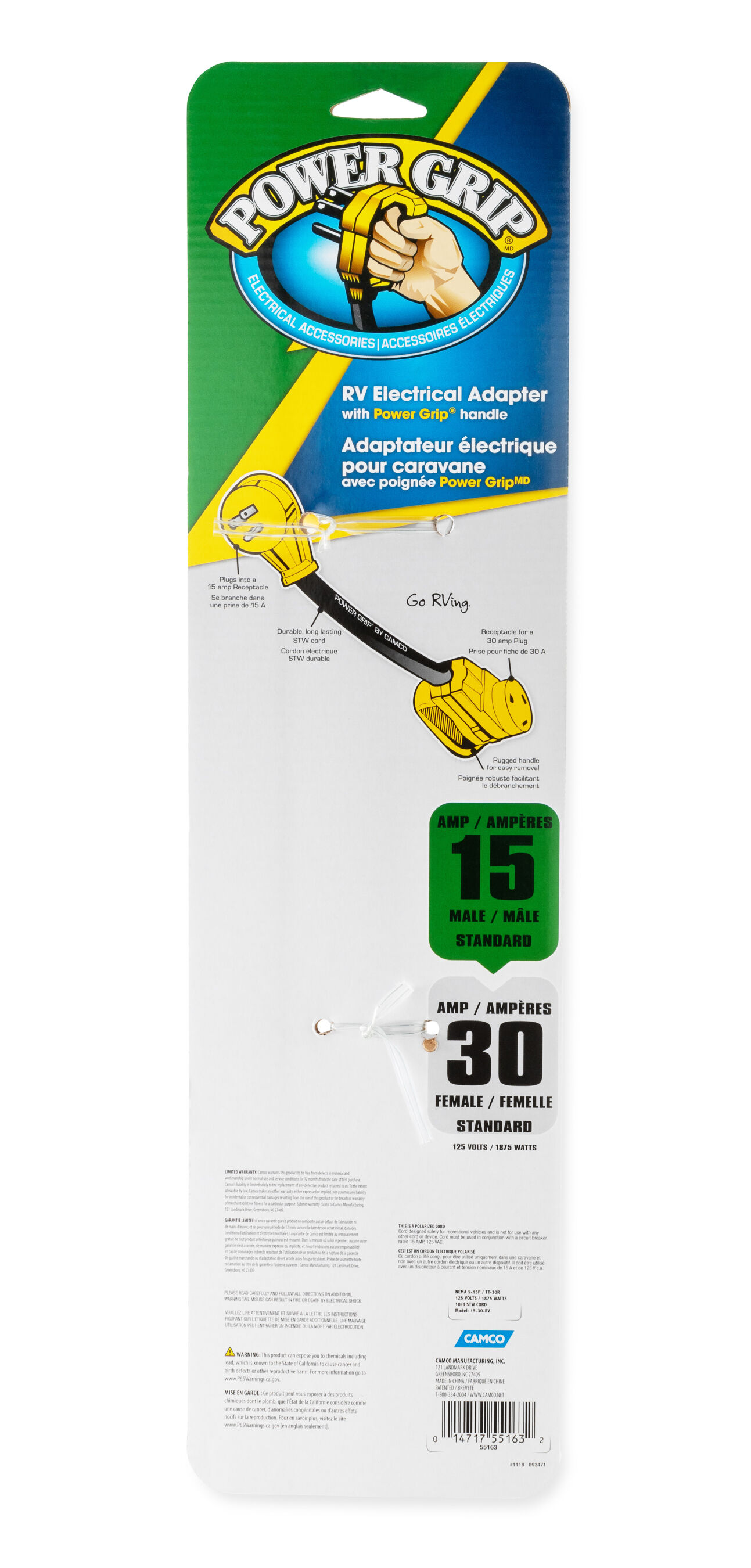 Camco Power Grip Dogbone 15-Am/30-AF, 12-In