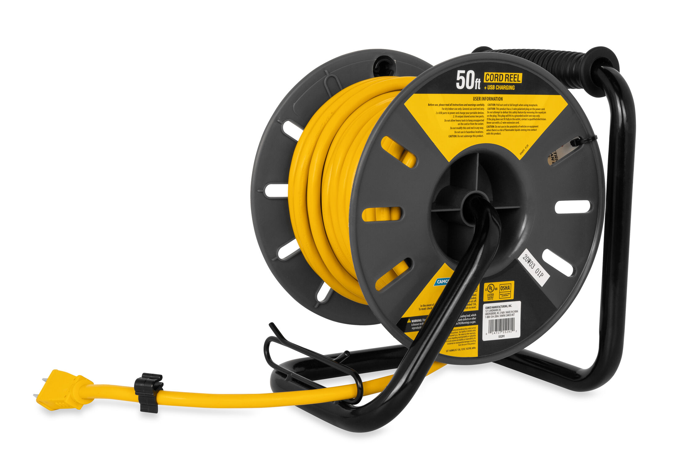 Camco PowerGrip RV Extension Cord Reel with USB Charging Port, 50-Ft