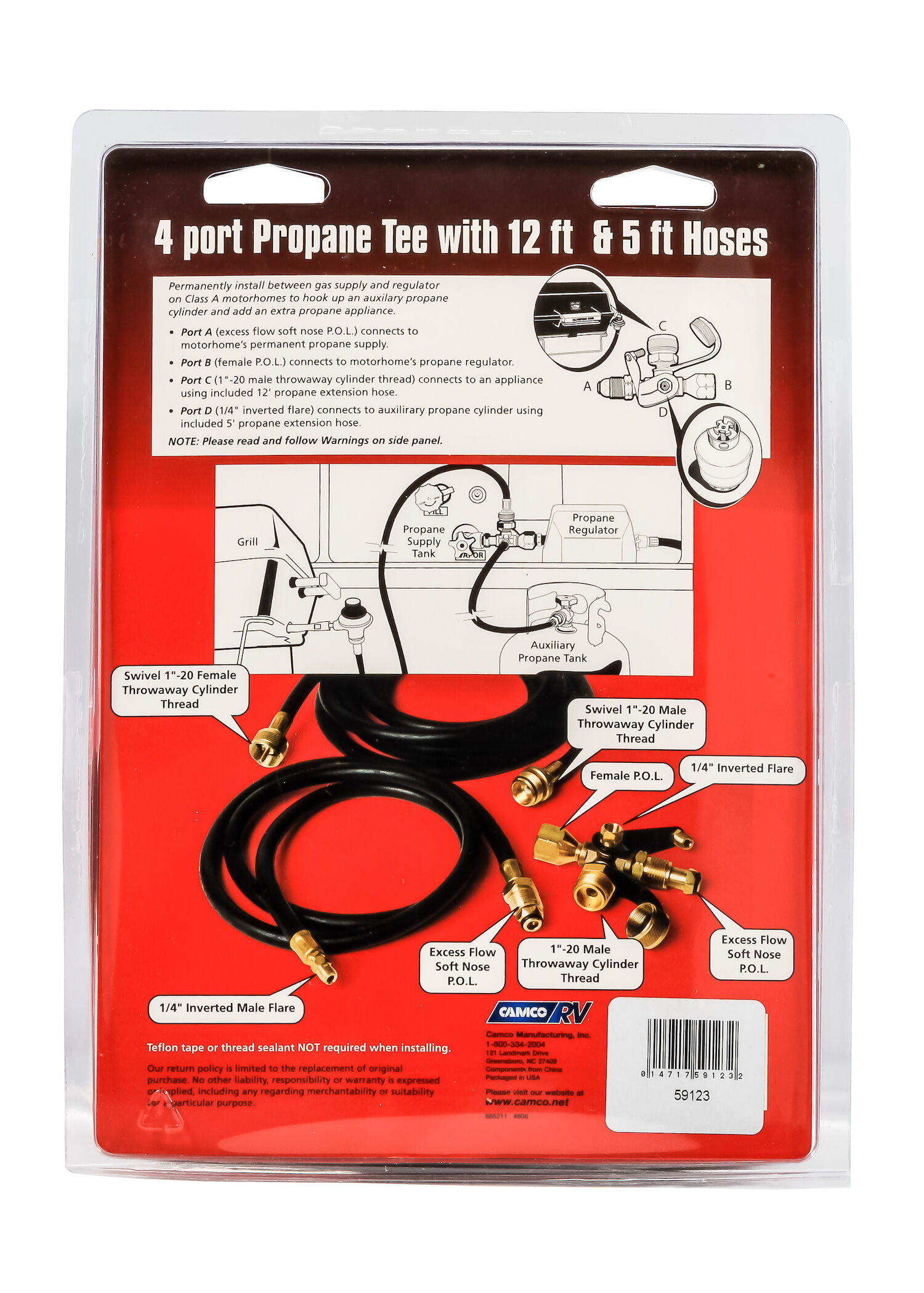 4 Port Brass Tee w/5-Ft & 12-Ft Extension Hoses
