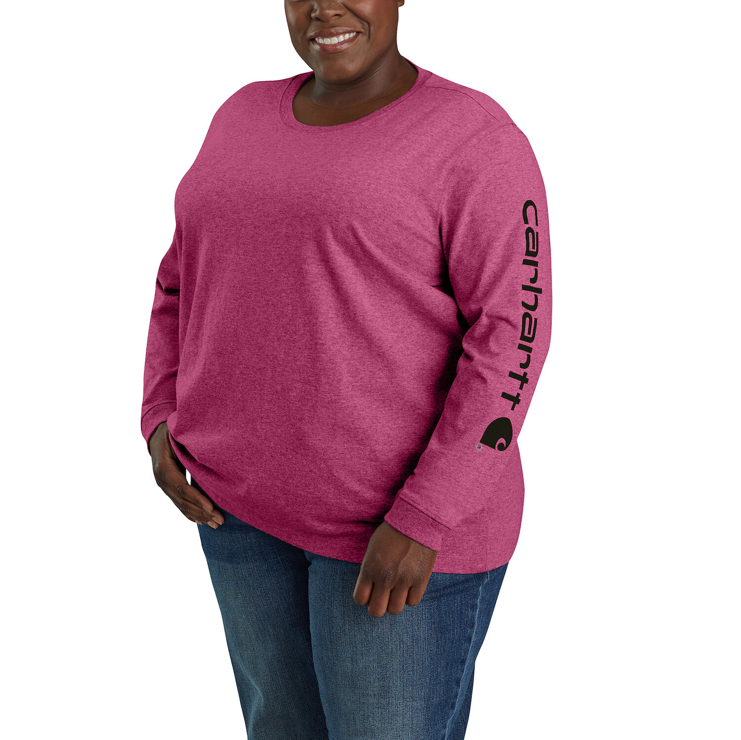 Carhartt Women's Loose Fit Heavyweight Long-Sleeve Logo Sleeve Graphic T-Shirt in Beet Red Heather