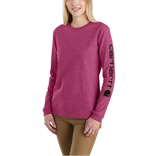 Carhartt Women's Loose Fit Heavyweight Long-Sleeve Logo Sleeve Graphic T-Shirt in Beet Red Heather