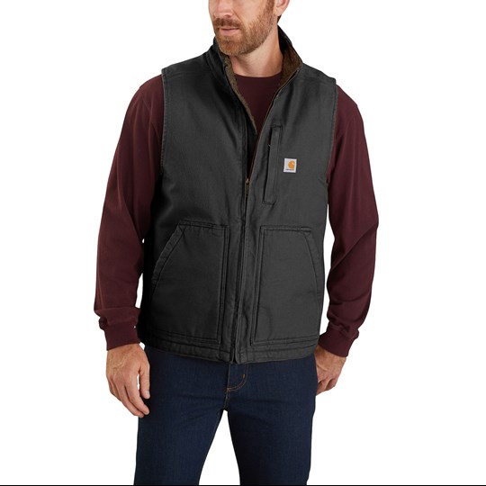 Carhartt Men's Loose Fit Washed Duck Sherpa-Lined Mock-Neck Vest in Black -  Outerwear, Carhartt