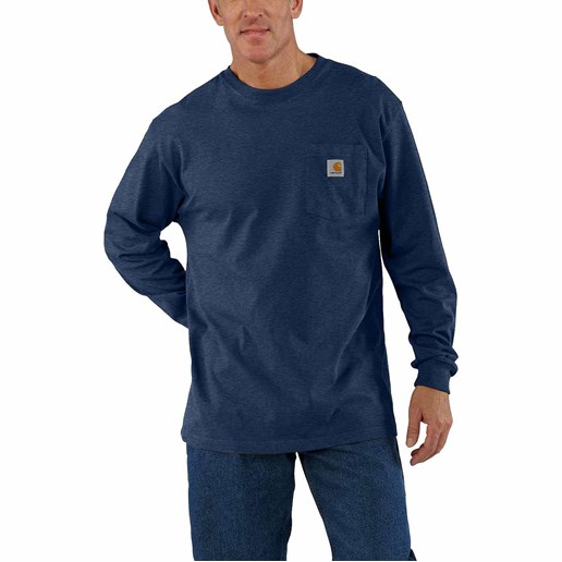 Men's Carhartt Long-Steeve Pocket T-Shirt in Dark Cobalt Blue Heather