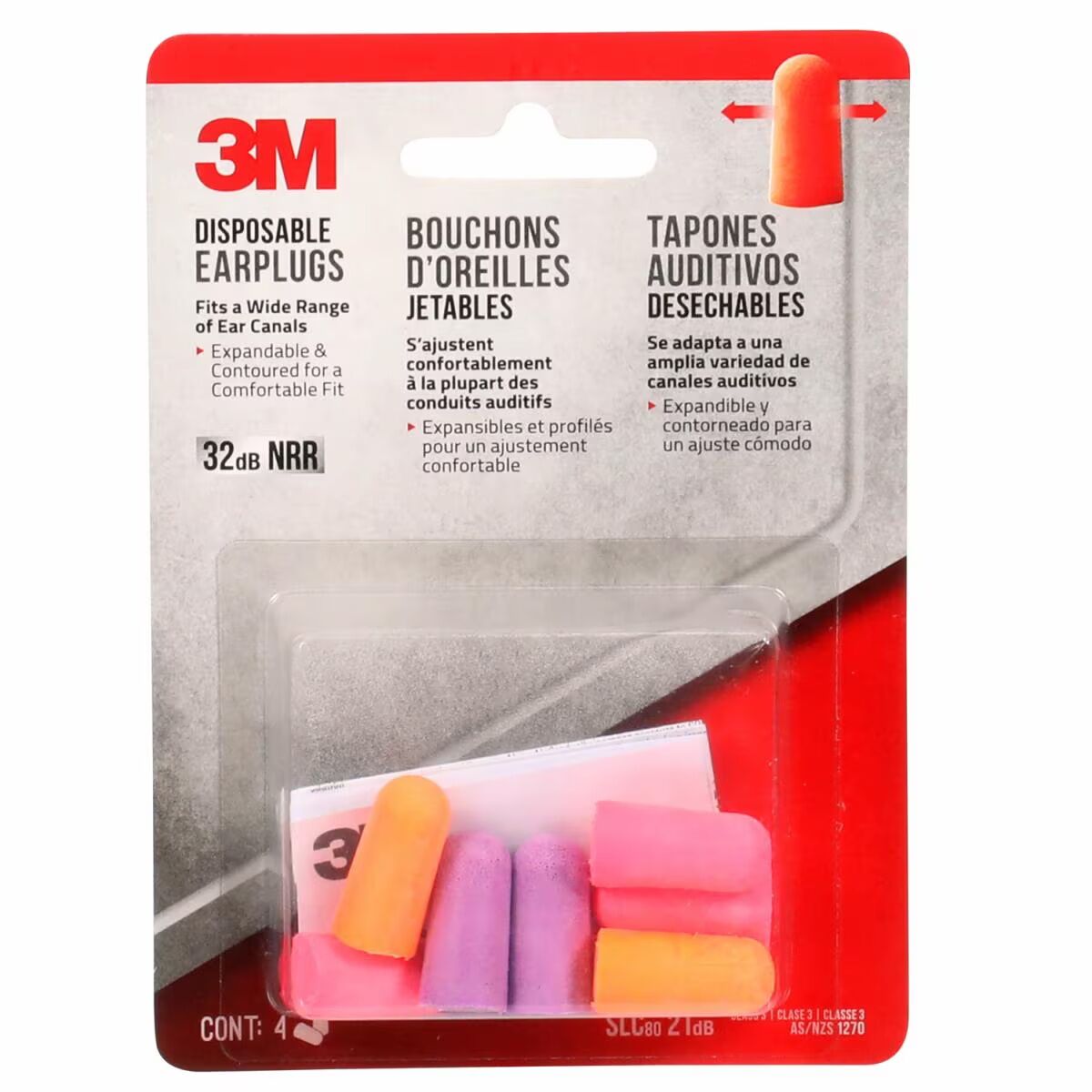3M Disposable Earplugs Assorted Colors, 4 Pair