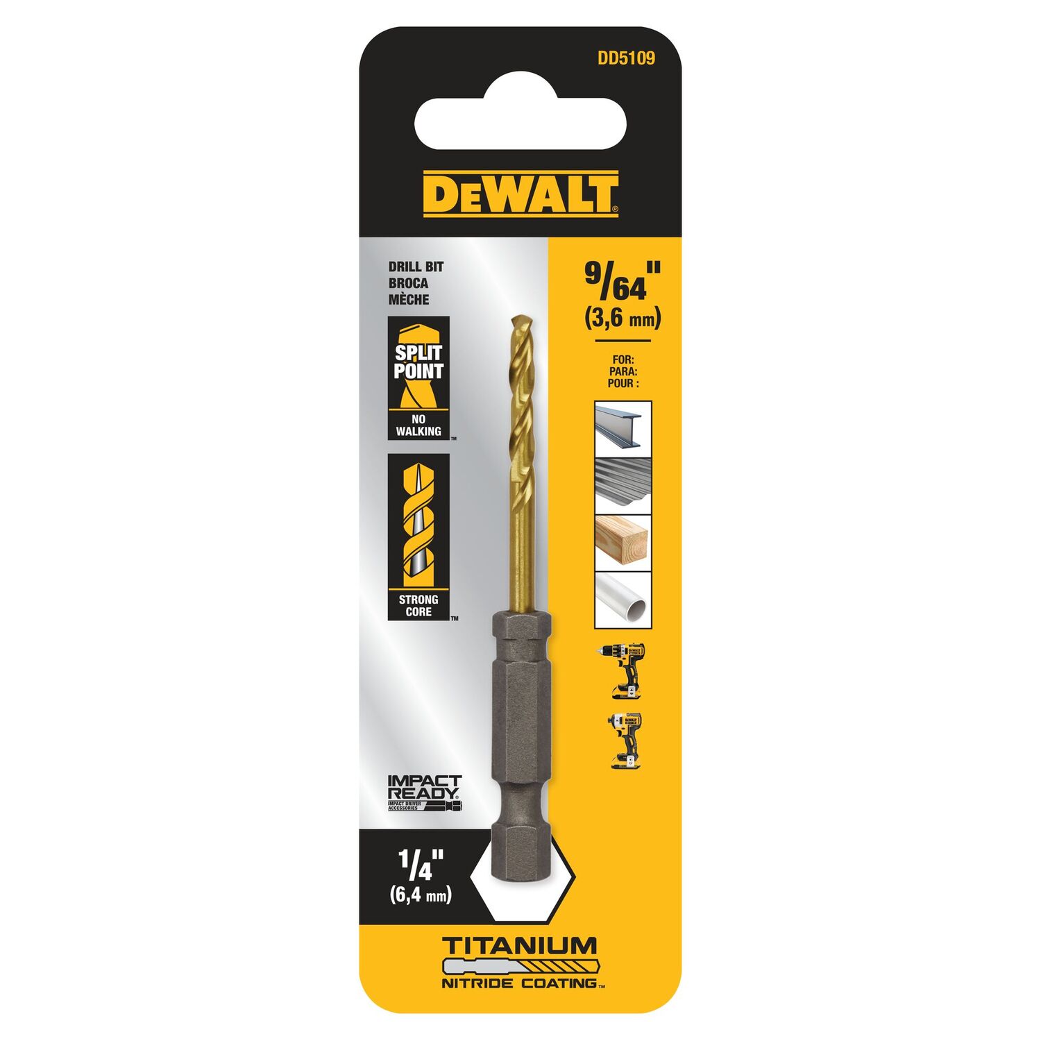 DEWALT Impact Ready Titanium Nitride Coated Drill Bit, 9/64-In