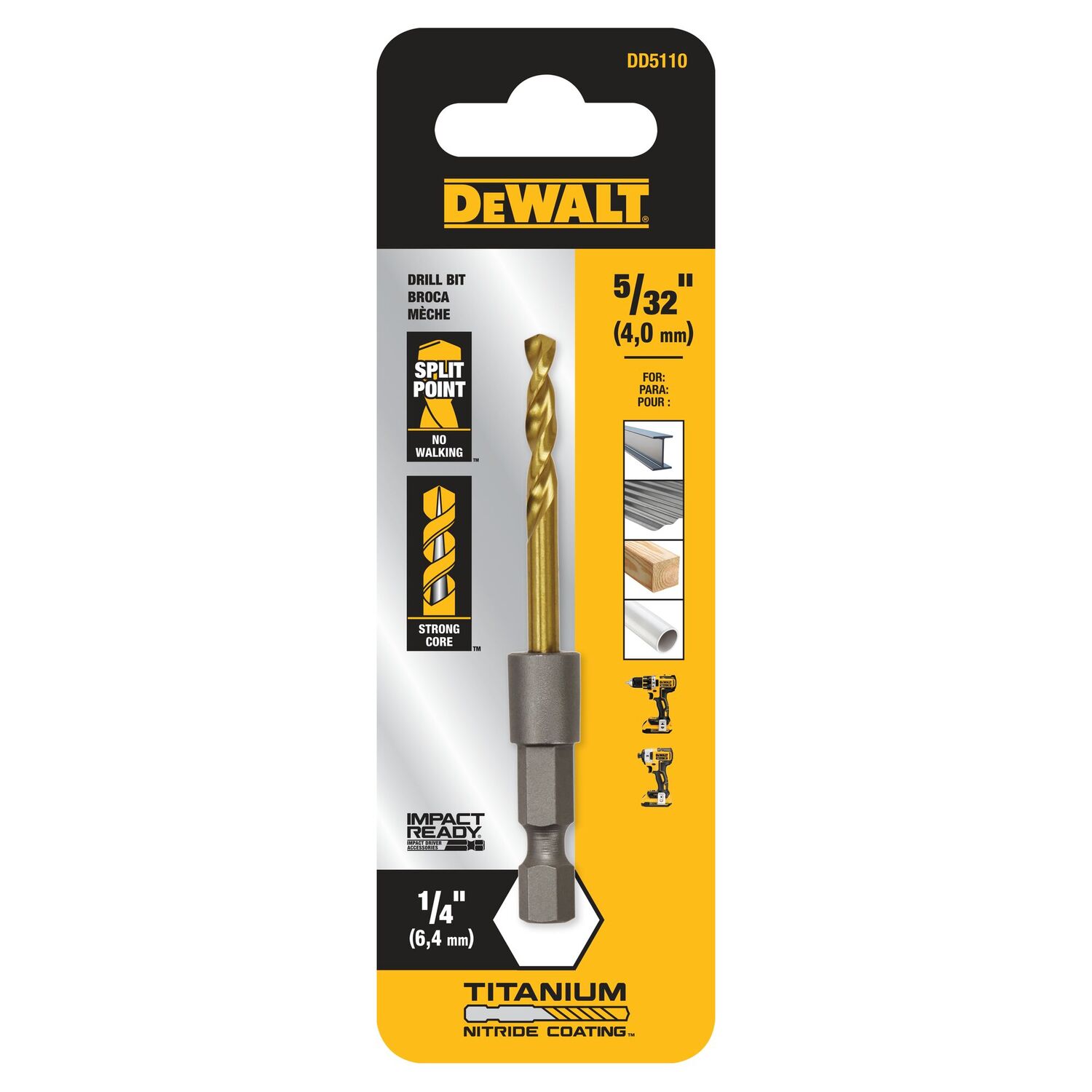 DEWALT Impact Ready Titanium Nitride Coated Drill Bit, 5/32-In