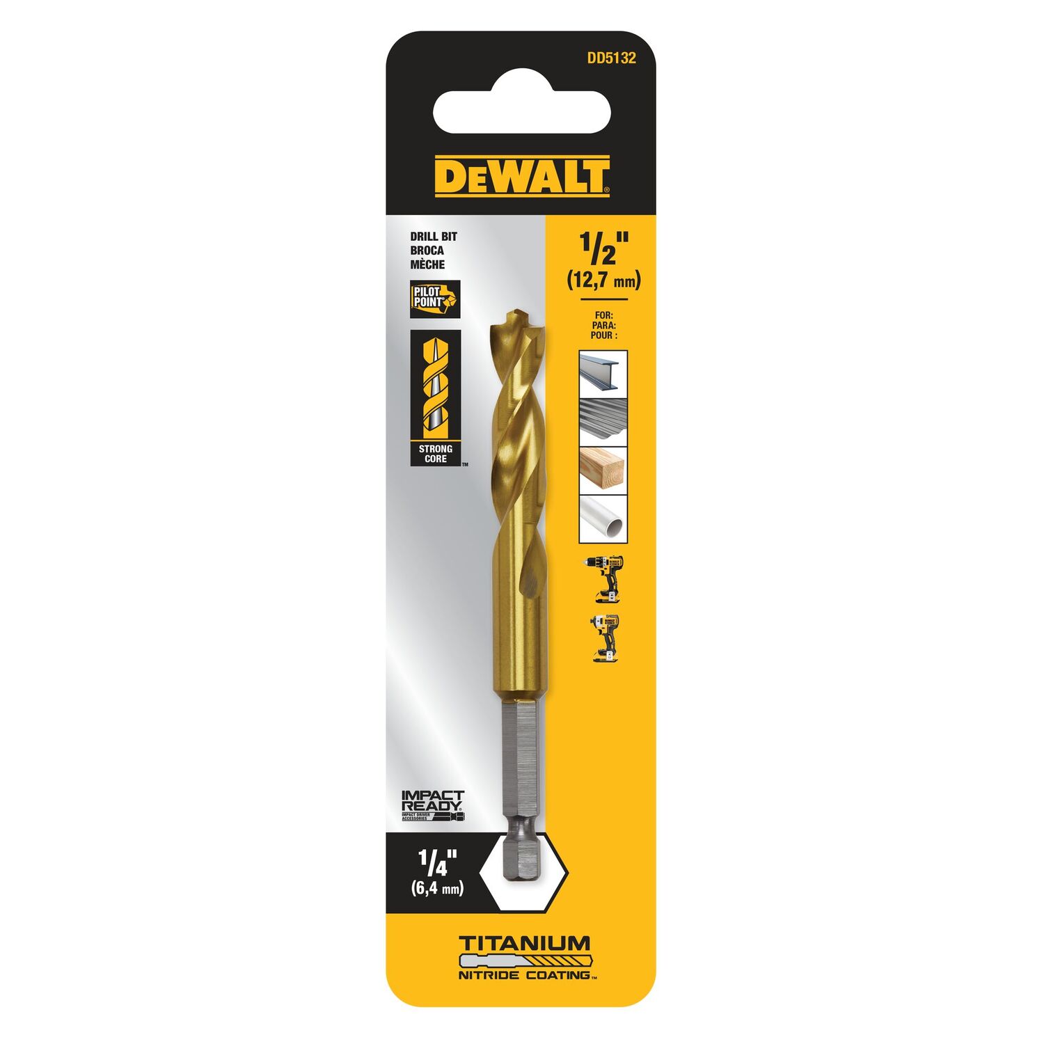DEWALT Impact Ready Titanium Nitride Coated Drill Bit, 1/2-In
