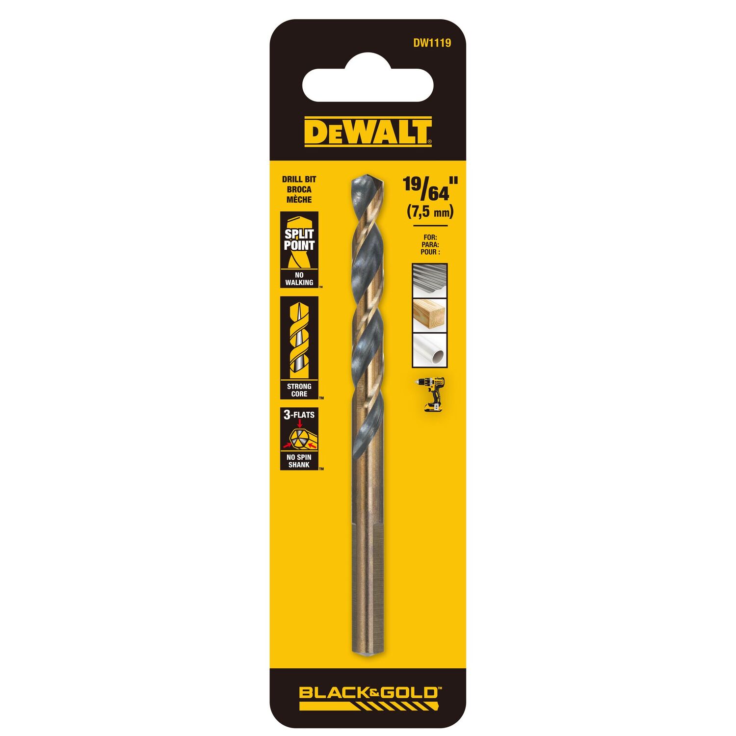 DEWALT Black Oxide Split Point Drill Bit, 19/64-In