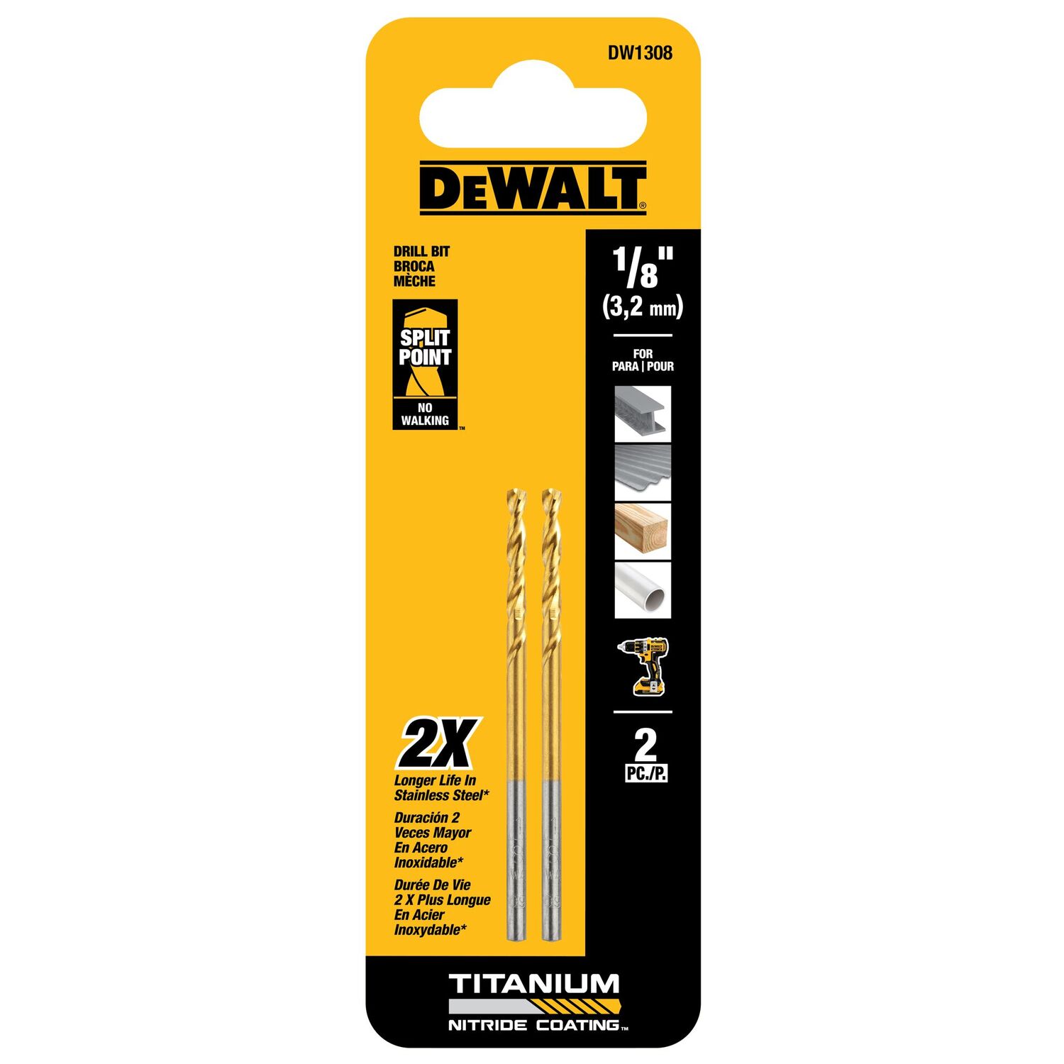 DEWALT Titanium Nitride Coated Drill Bit, 1/8-In, 2-Pk